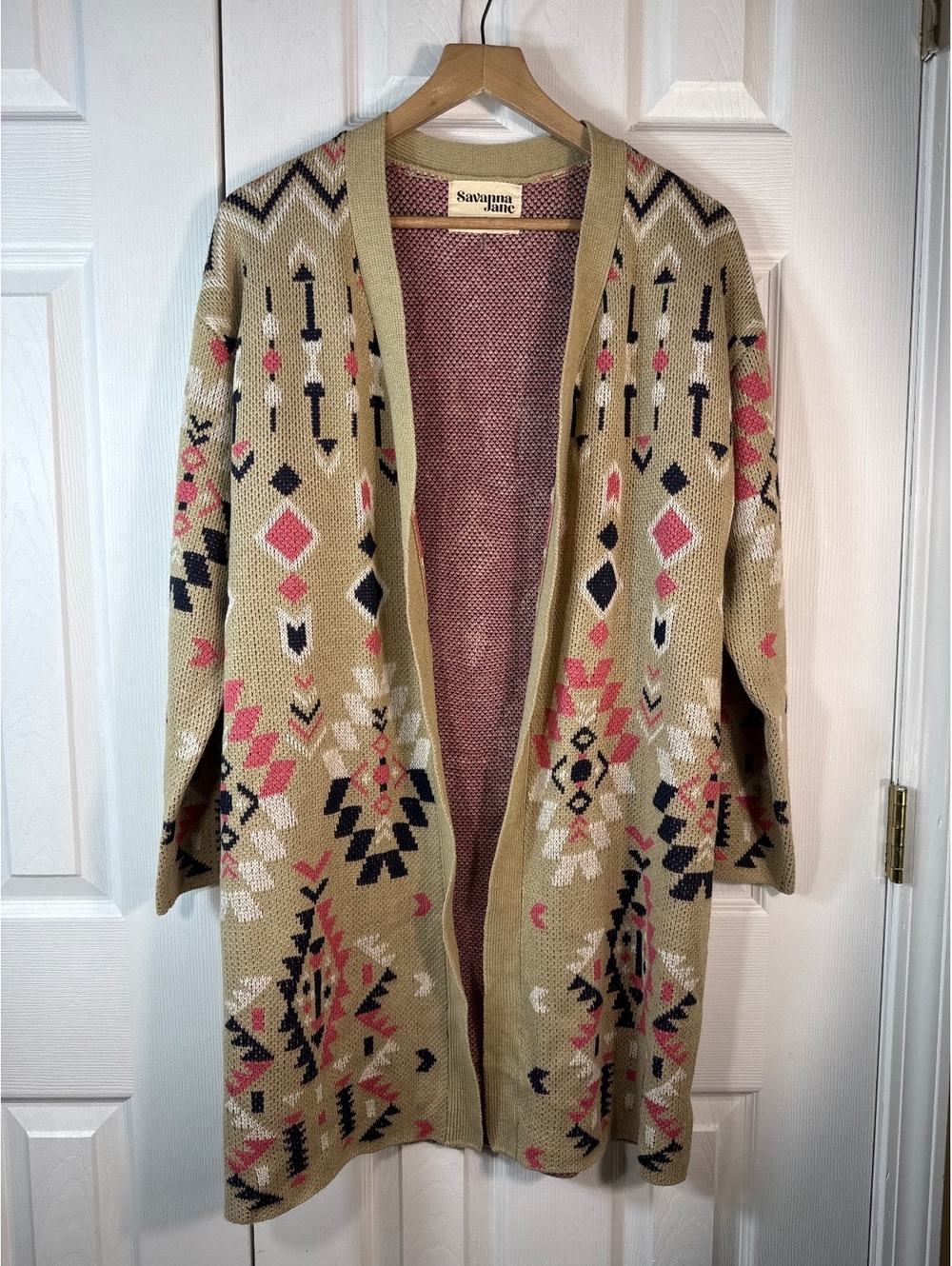 Savanna Jane Beige Tribal Pattern Open Front Cardigan Sweater Size S